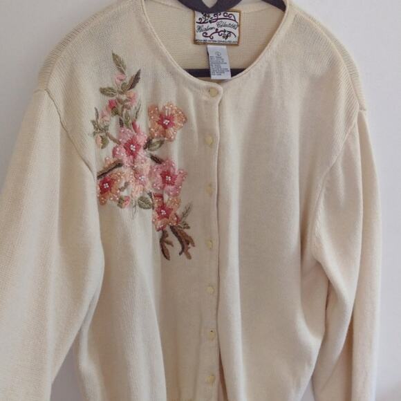 Vintage Heirloom Collectibles Embroidered Cream Floral Bird Cottagecore Cardigan - Picture 9 of 15